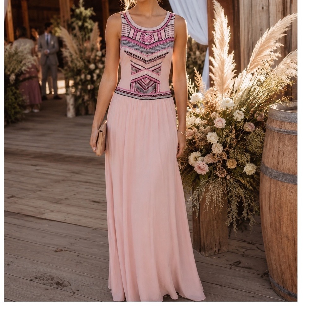 GB Pink Geometric Embroidered Sleeveless Maxi Dress XS Boho Tribal Formal EX1